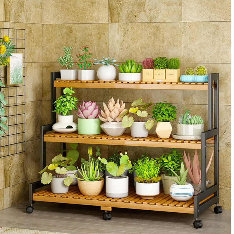 Indoor Multilayer Storage Rack Bamboo Flower Pot Display Stand with Ladder Style for Garden Balcony